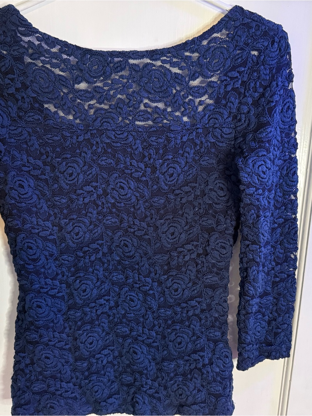 bebe Navy Blue Floral Lace Long Sleeve Top